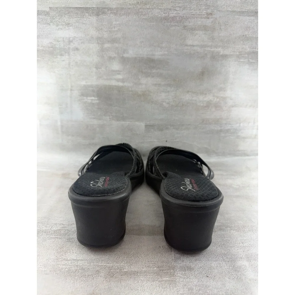 Skechers Women Black Snakeskin Strappy Memory Foam Wedge Sandals Size 8